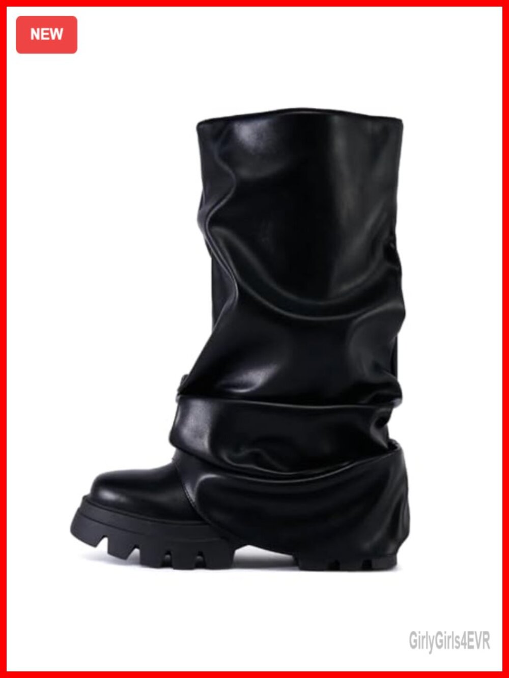Yishaweiqi Slouched Ruched Fold Over Boots Wide Calf Platform Chunky Heel Mid